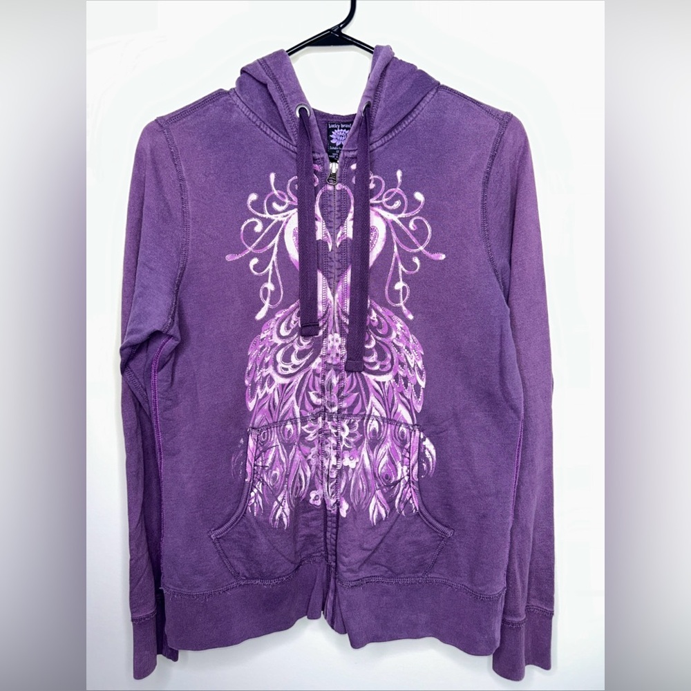 Lucky Brand Y2K Vintage Hoodie Hood Floral Zip Purple Peacock Medium 90’s Cotton